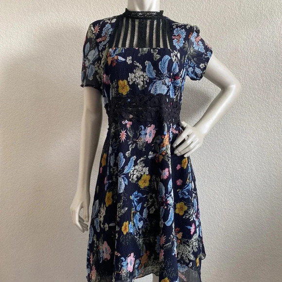 NWT Foxiedox Juniper Navy Blue Black Floral Print Mesh Embroidered Neck Dress L - Picture 3 of 12